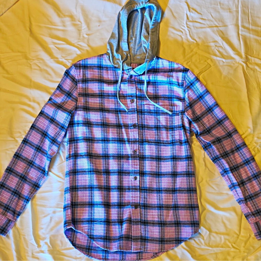 Edgar + Ash Men's Plaid Flannel Long Sleeve Hooded Button-Up S Purple/Gray #52